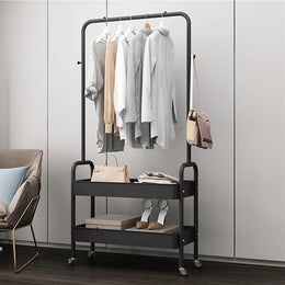 Lukzer 2-in-1 Portable Garment Rack with Wheels & 2-Tier Metal Baskets (Black/White, 32x66x156cm)