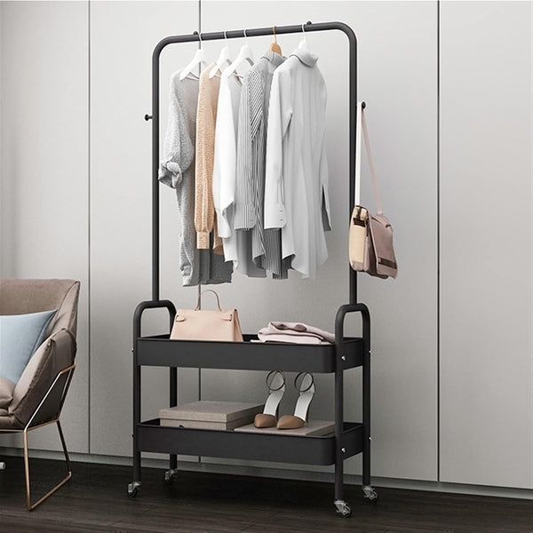 Lukzer 2-in-1 Portable Garment Rack with Wheels & 2-Tier Metal Baskets (Black/White, 32x66x156cm)