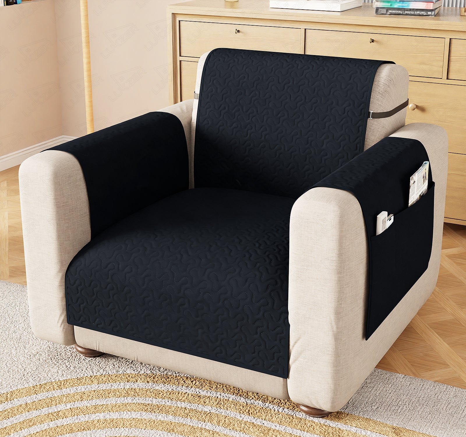 Lukzer Quilted Stipple Blue Sofa Cover Mat with Storage Side Pocket | 350 GSM Polyester Blend Full Coverage with Arms &amp; Back Belt | Machine Washable Sofa Runner.