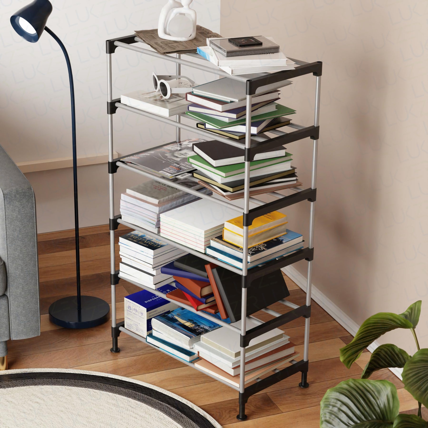 Lukzer Easy DIY Metal & Plastic Bookshelf/Storage Organizer – Black & Silver (3/4/5/6 Layers)
