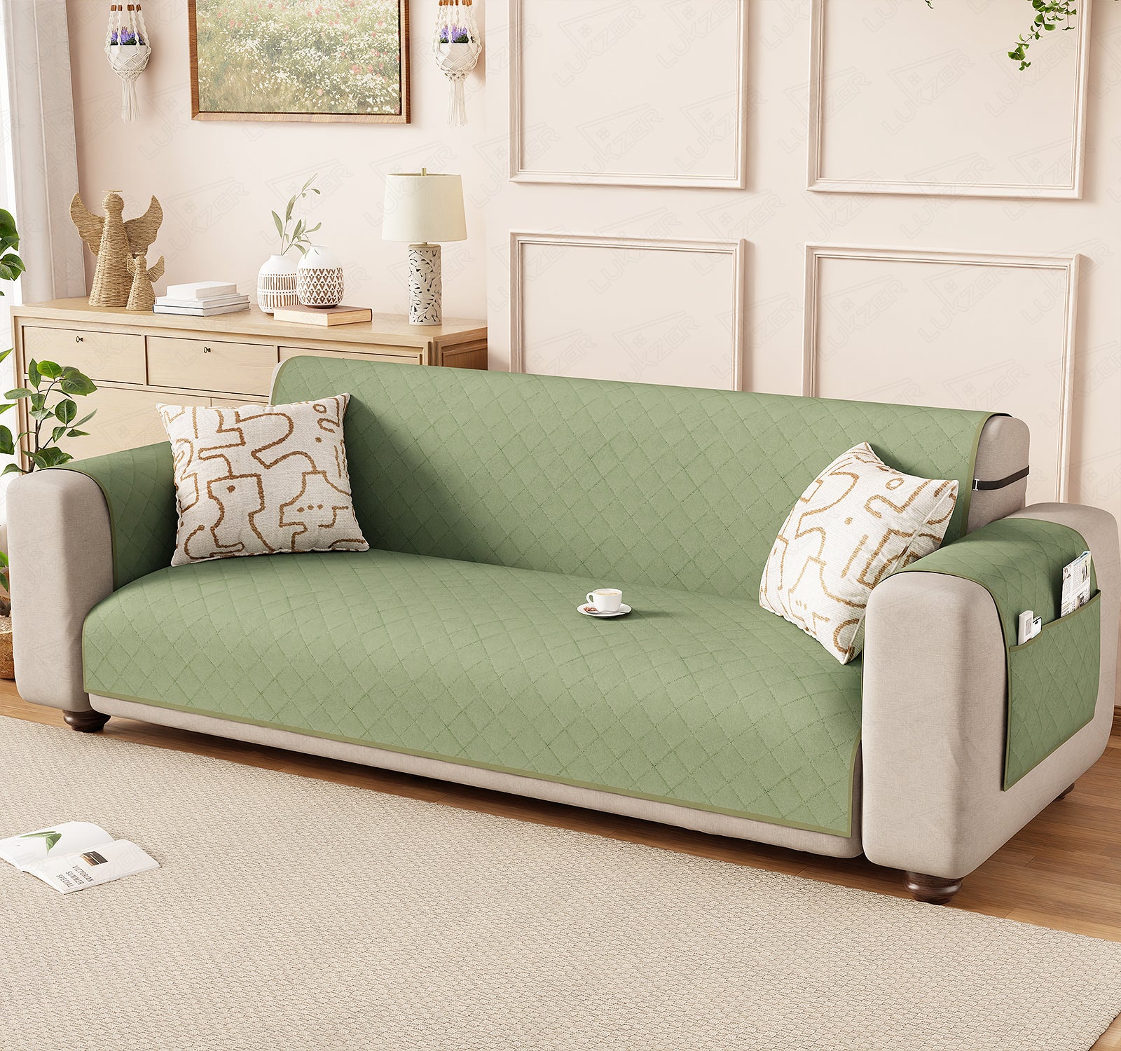 Lukzer Polyester Blend Quilted Sofa Cover Mat (350 GSM)| Full Coverage with Arms &amp; Back Belt | Machine Washable Sofa Runner with Storage Side Pocket