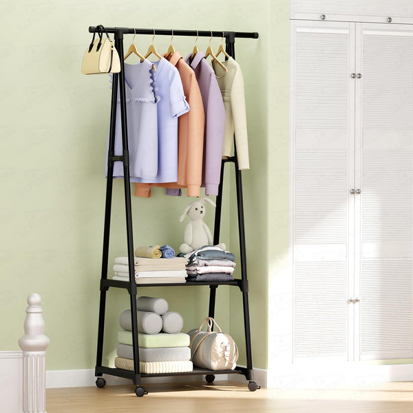 Lukzer A-Shaped Metal Garment Stand with Dual Storage Shelves & Wheels (MGR-010/Black)