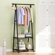 Lukzer A-Shaped Metal Garment Stand with Dual Storage Shelves & Wheels (MGR-010/Black)