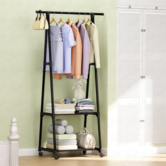 Lukzer A-Shaped Metal Garment Stand with Dual Storage Shelves & Wheels (MGR-010/Black)