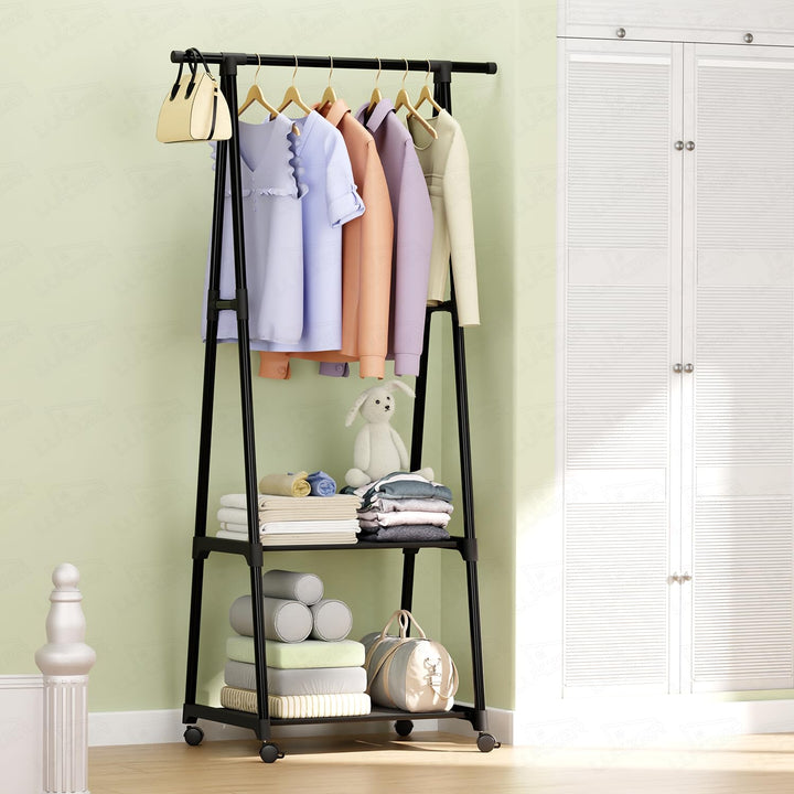 Lukzer A-Shaped Metal Garment Stand with Dual Storage Shelves & Wheels (MGR-010/Black)