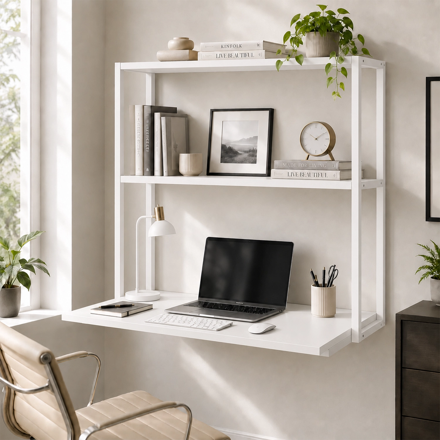 Lukzer Wall Mounted Study Table with Multipurpose Storage Shelves (MMR-007/White & White)