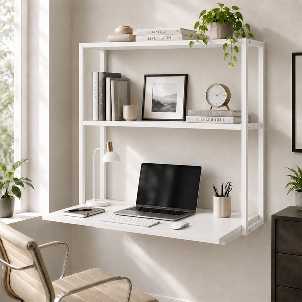 Lukzer Wall Mounted Study Table with Multipurpose Storage Shelves (MMR-007/White & White)