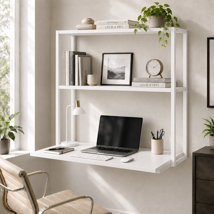 Lukzer Wall Mounted Study Table with Multipurpose Storage Shelves (MMR-007/White & White)
