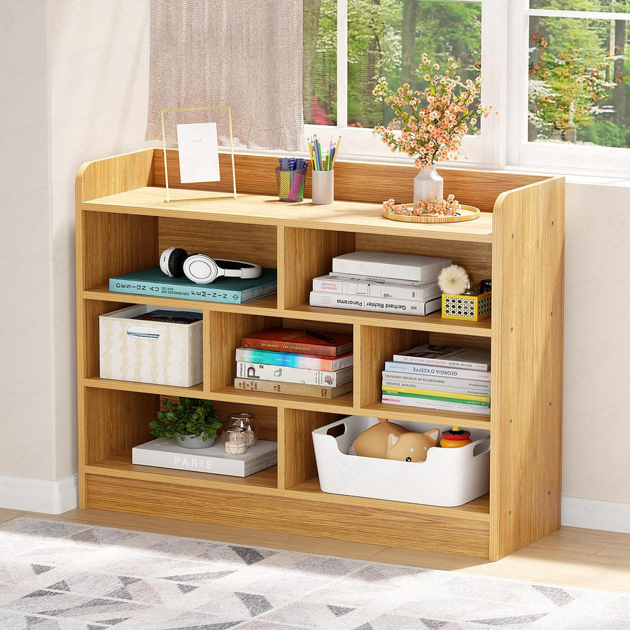 Lukzer Multipurpose 7-Section Storage Rack with 4 Shelves Bookcase & Display Unit (MR-008/Light Oak)