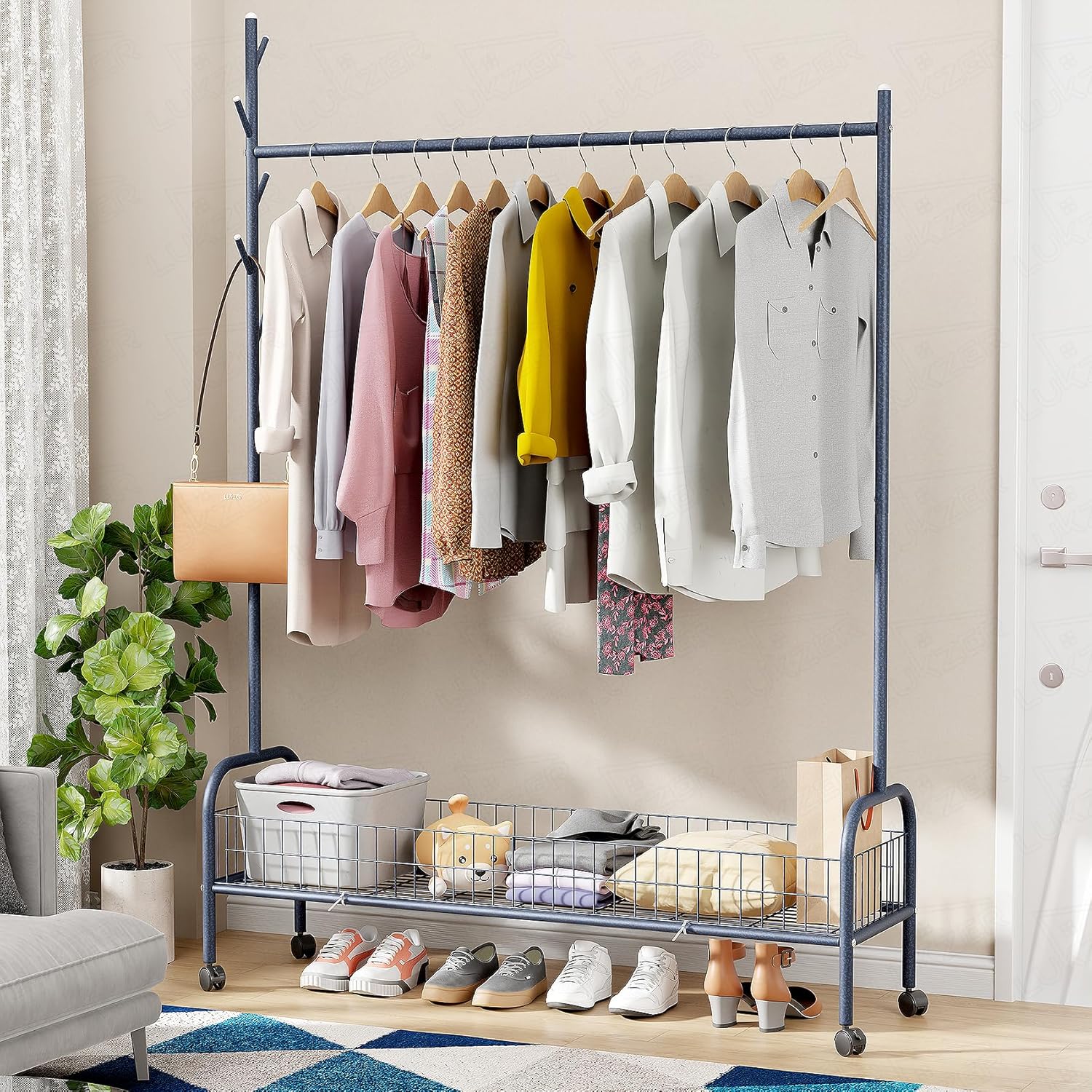 Lukzer Metal Single Rod Clothes Hanging Stand with Bottom Shelf & Lockable Wheels (MGR-003/Deep Sea)