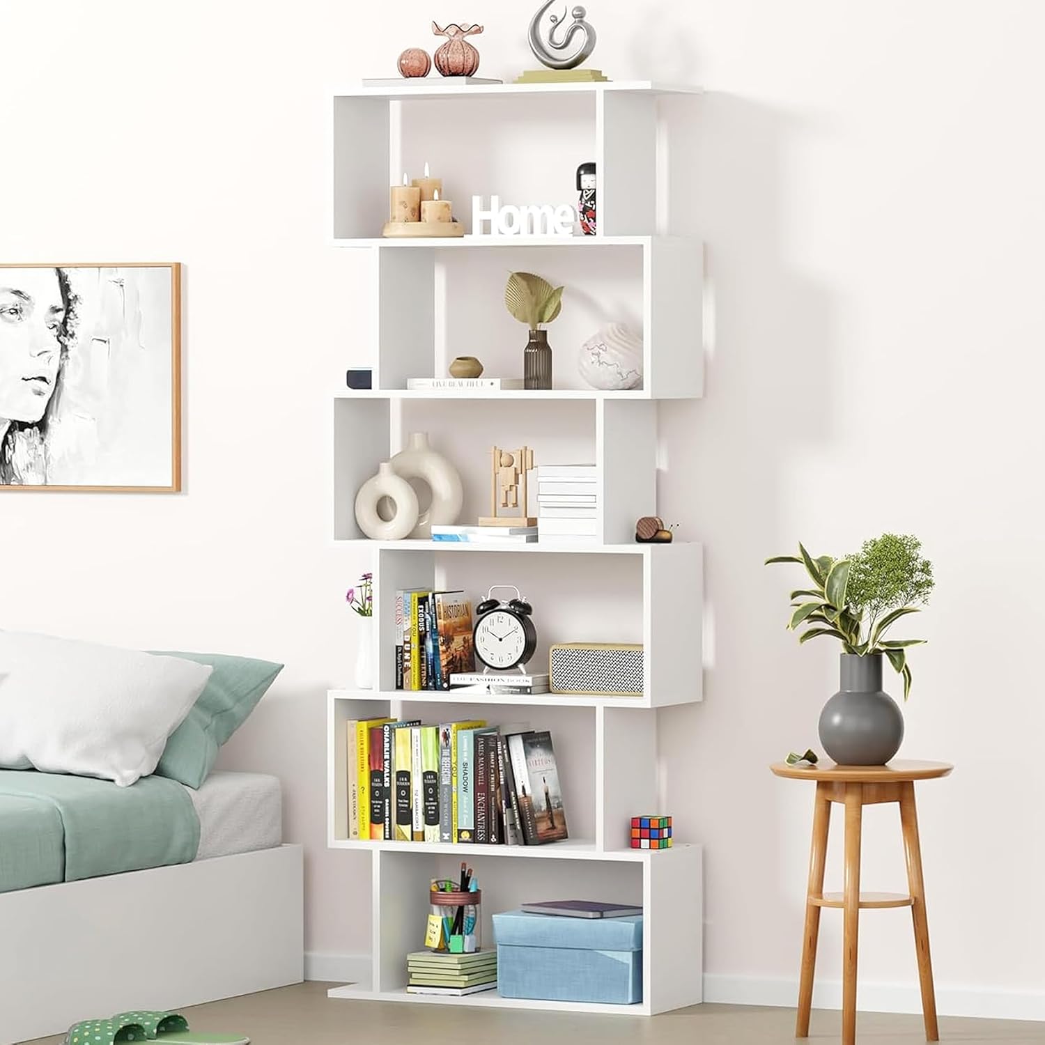 Lukzer 6-Layer S-Shaped Ladder Engineered Wood Open Bookshelf Rack (MR-002, White)