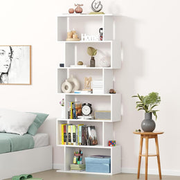 Lukzer 6-Layer S-Shaped Ladder Engineered Wood Open Bookshelf Rack (MR-002, White)