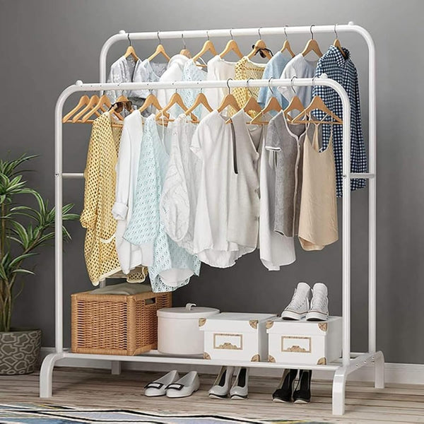 Lukzer Metal Cloth Stand with 2 Hanging Rods & Storage Shelf (MGS-002/White)