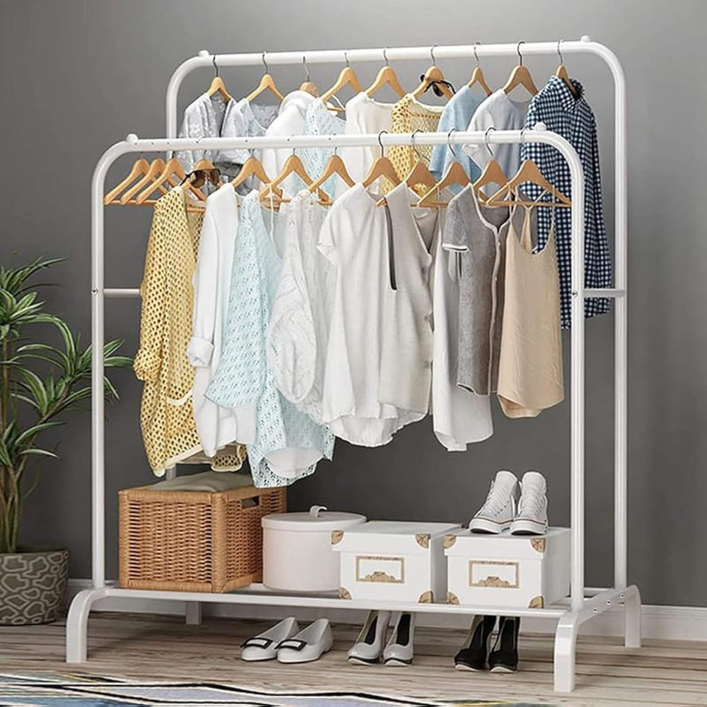 Lukzer Metal Cloth Stand with 2 Hanging Rods & Storage Shelf (MGS-002/White)