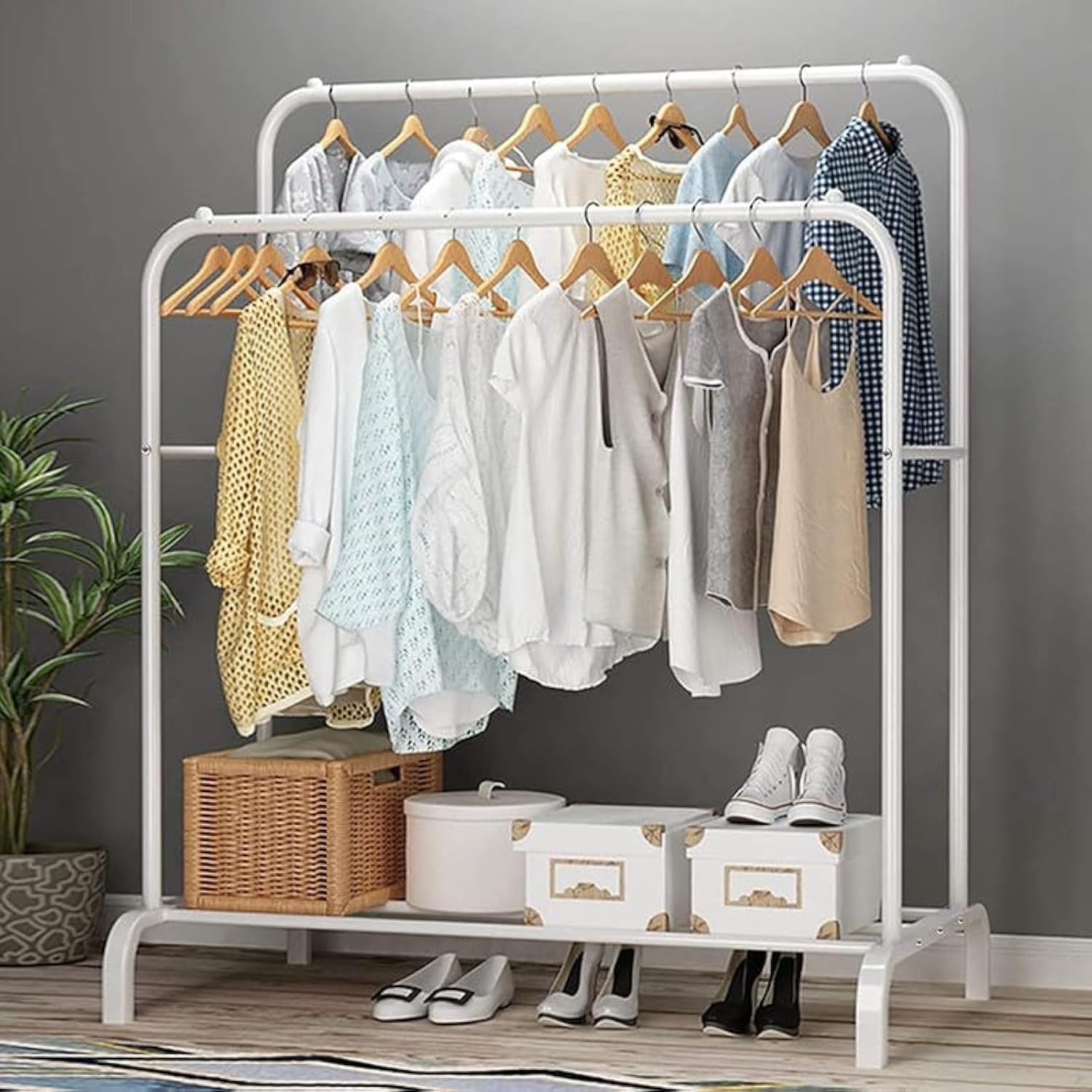 Lukzer Metal Cloth Stand with 2 Hanging Rods & Storage Shelf (MGS-002/White)