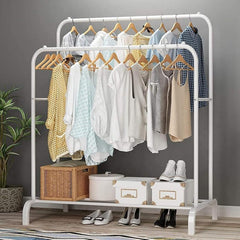 Lukzer Metal Cloth Stand with 2 Hanging Rods & Storage Shelf (MGS-002/White)