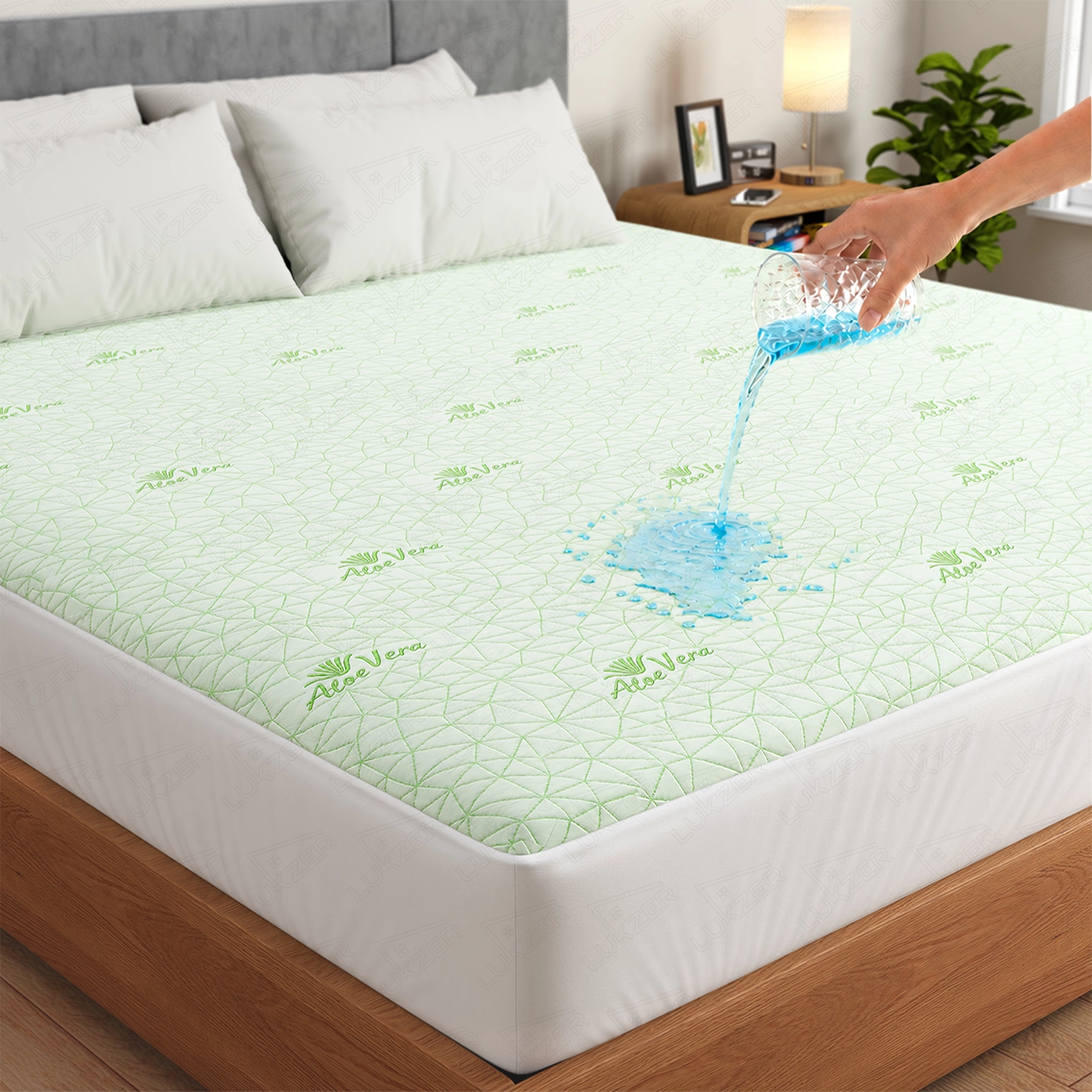 Lukzer 100% Waterproof Diamond Aloe Vera Mattress Protector/Mattress Cover / King Size - (72" x 72" Inches) - (6 x 6 ft)