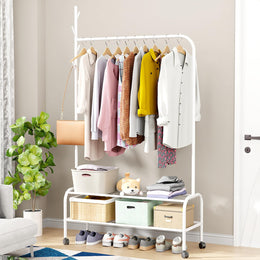 Lukzer Metal Garment Rack with Wheels & Double Bottom Storage Shelves (MGR-006/White)