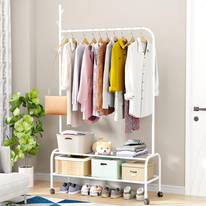 Lukzer Metal Garment Rack with Wheels & Double Bottom Storage Shelves (MGR-006/White)