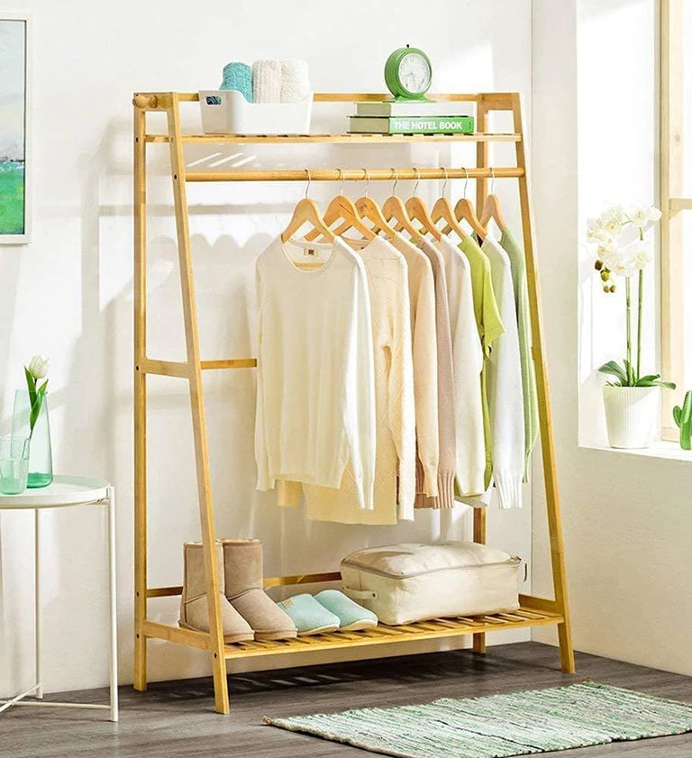 Lukzer Bamboo Garment Stand with Top & Bottom Shelves (CH-498)