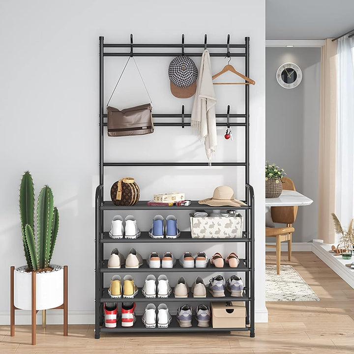 Lukzer Space-Saving Metal Garment Stand with 8 Hangers & 5-Tier Storage – Black/White (170x80x26cm)