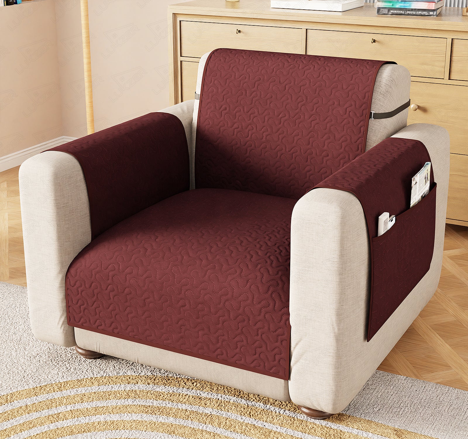 Lukzer Quilted Stipple Blue Sofa Cover Mat with Storage Side Pocket | 350 GSM Polyester Blend Full Coverage with Arms &amp; Back Belt | Machine Washable Sofa Runner.
