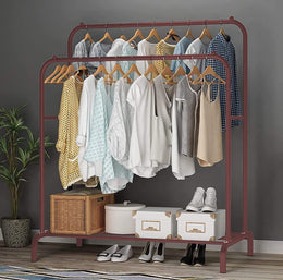 Lukzer MGS-002 Rose Gold Metal Garment Stand with Bottom Shelf | Heavy-Duty Clothes Rack