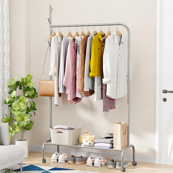 Lukzer Metal Garment Rack with Wheels & 1 Bottom Storage Shelf (MGR-005/Grey)