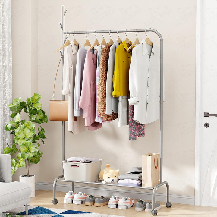 Lukzer Metal Garment Rack with Wheels & 1 Bottom Storage Shelf (MGR-005/Grey)