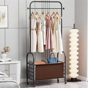 Lukzer Metal Clothes Rail Stand with Leather Storage Bin & Wheels (MGR-009/Black)