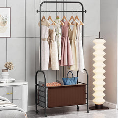 Lukzer Metal Clothes Rail Stand with Leather Storage Bin & Wheels (MGR-009/Black)
