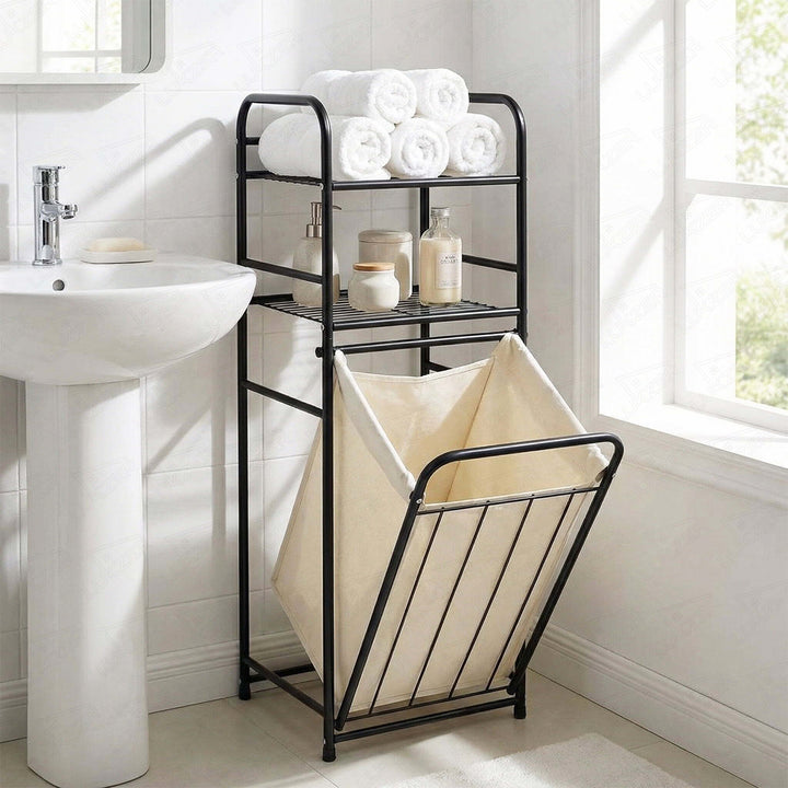 Lukzer Laundry Basket with 2-Tier Metal Storage Shelves & Detachable Fabric Hamper (Black)