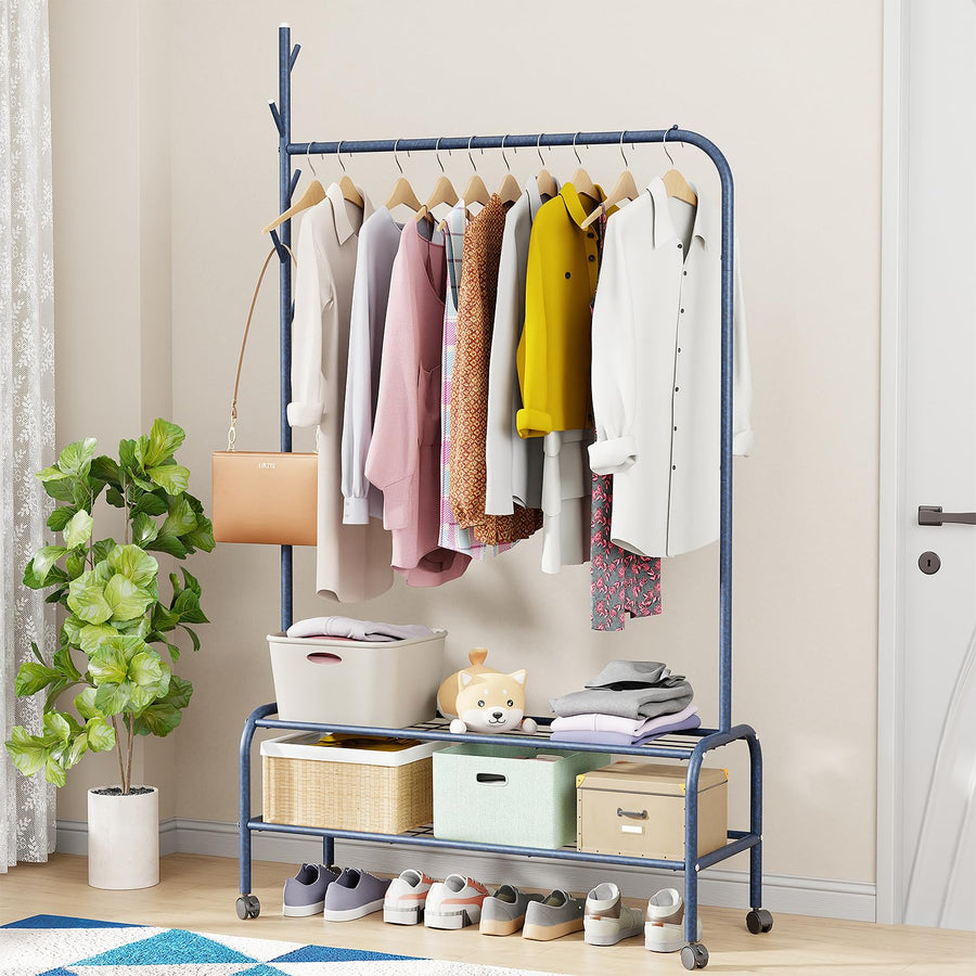 Lukzer Metal Garment Rack with Wheels & Double Bottom Storage Shelves (MGR-006/Deep Sea)