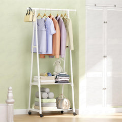 Lukzer A-Shaped Metal Garment Stand with Dual Storage Shelves & Wheels (MGR-010/White)