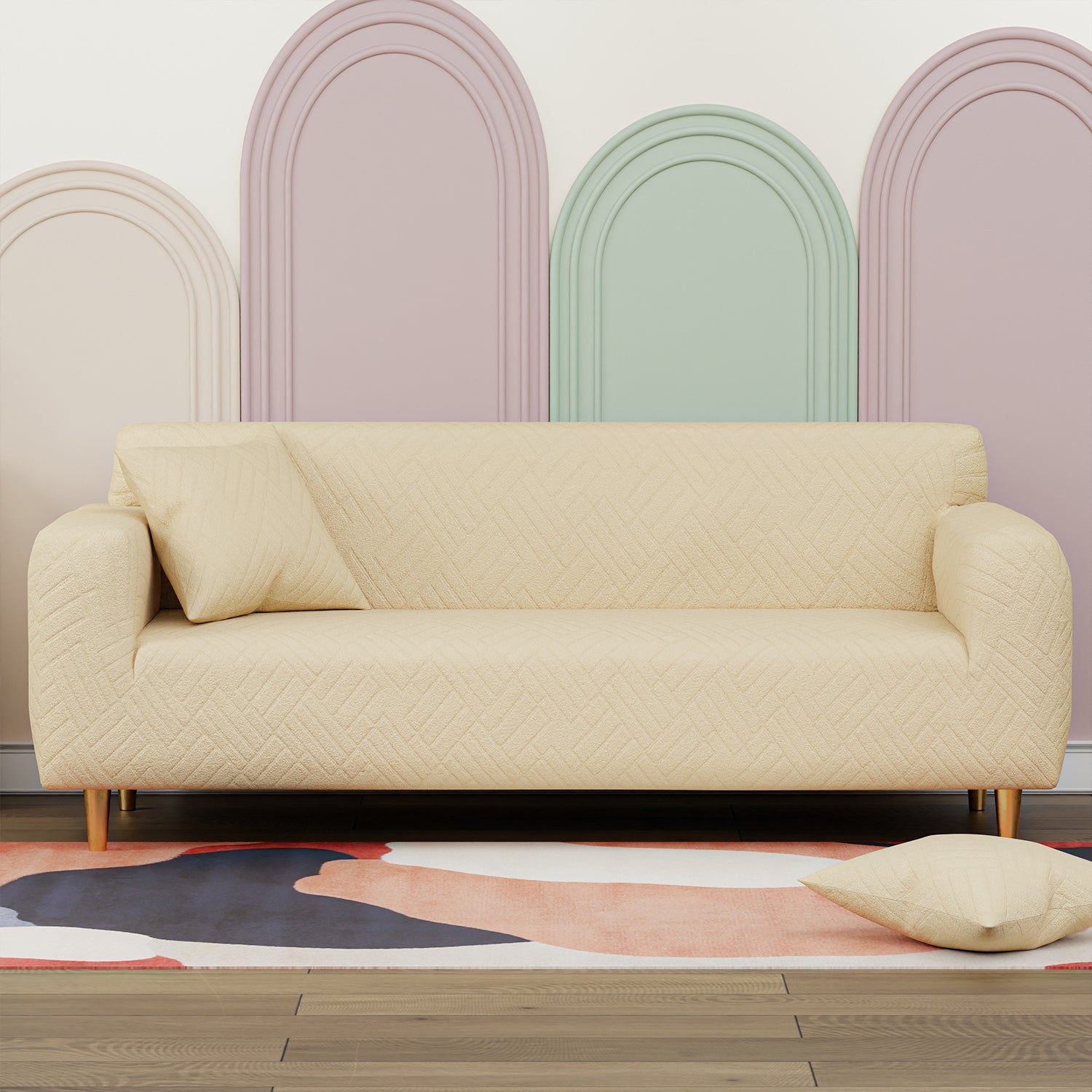 Jacquard Sofa Cover (Pastel Pink Abstract Design)