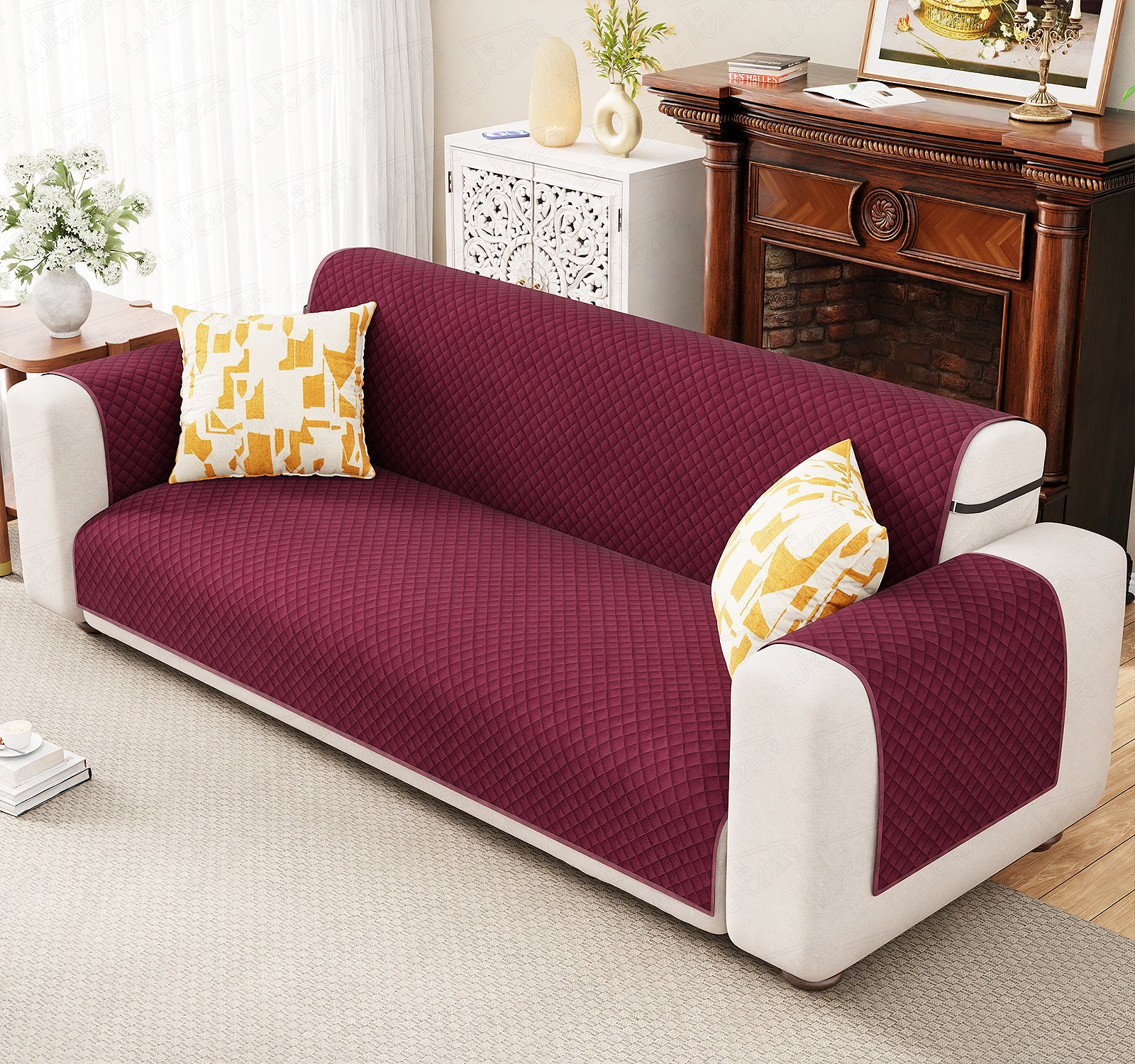 Lukzer Quilted Velvet Sofa Mat | 200 GSM Soft Washable &amp; Removable Couch Protector | Anti-Slip Elastic Strap Cover for Living Room, Pet &amp; Spill Protection