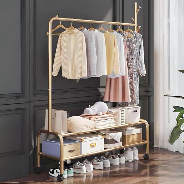 Lukzer Single Pole Portable Metal Garment Rack with 2 Bottom Shelves (MGR-008/Gold)
