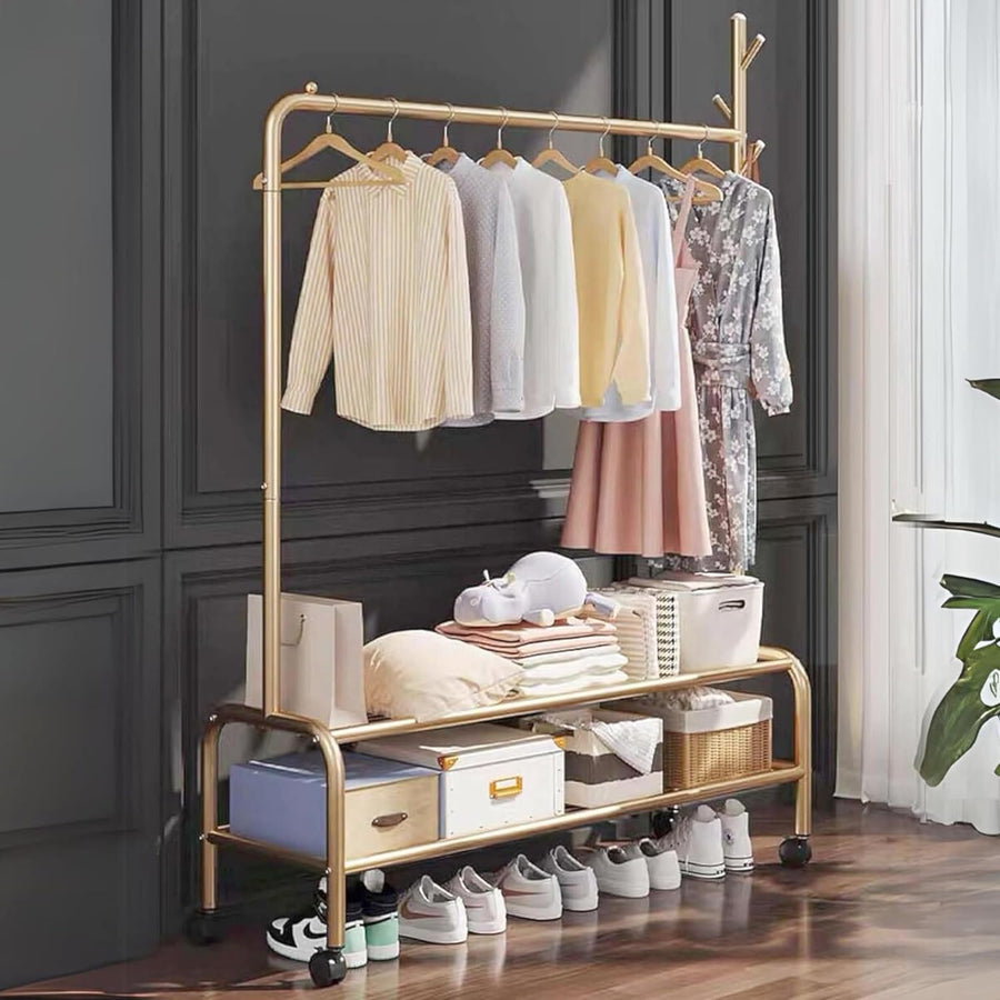 Lukzer Single Pole Portable Metal Garment Rack with 2 Bottom Shelves (MGR-008/Gold)