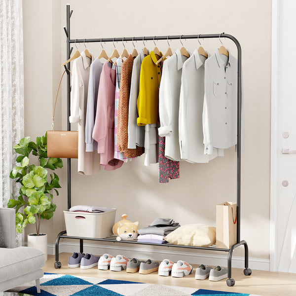 Lukzer Single Pole Portable Metal Garment Rack with Bottom Shelf (MGR-007/Black)