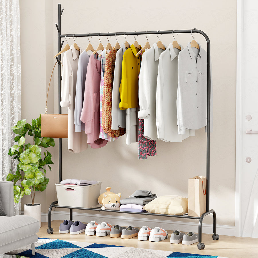 Lukzer Single Pole Portable Metal Garment Rack with Bottom Shelf (MGR-007/Black)