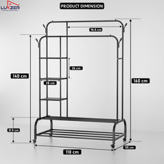 Lukzer Metal Garment Stand with 6 Shelves & Double Rods with Side Hooks & Wheels (MGS-008)