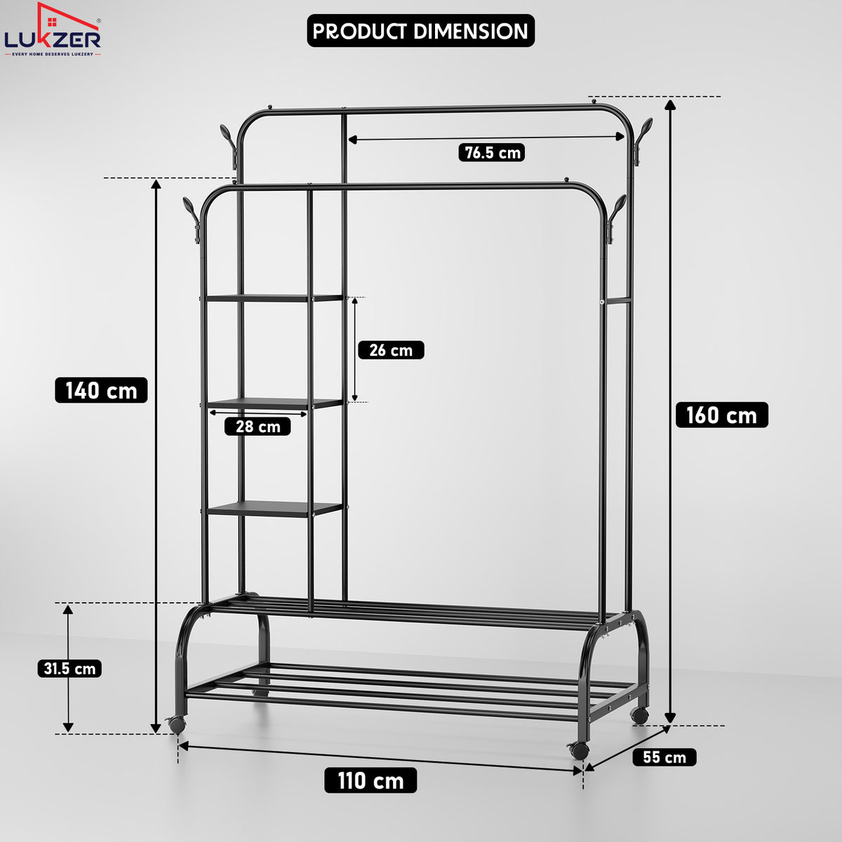 Lukzer Metal Garment Stand with 6 Shelves & Double Rods with Side Hooks & Wheels (MGS-008)