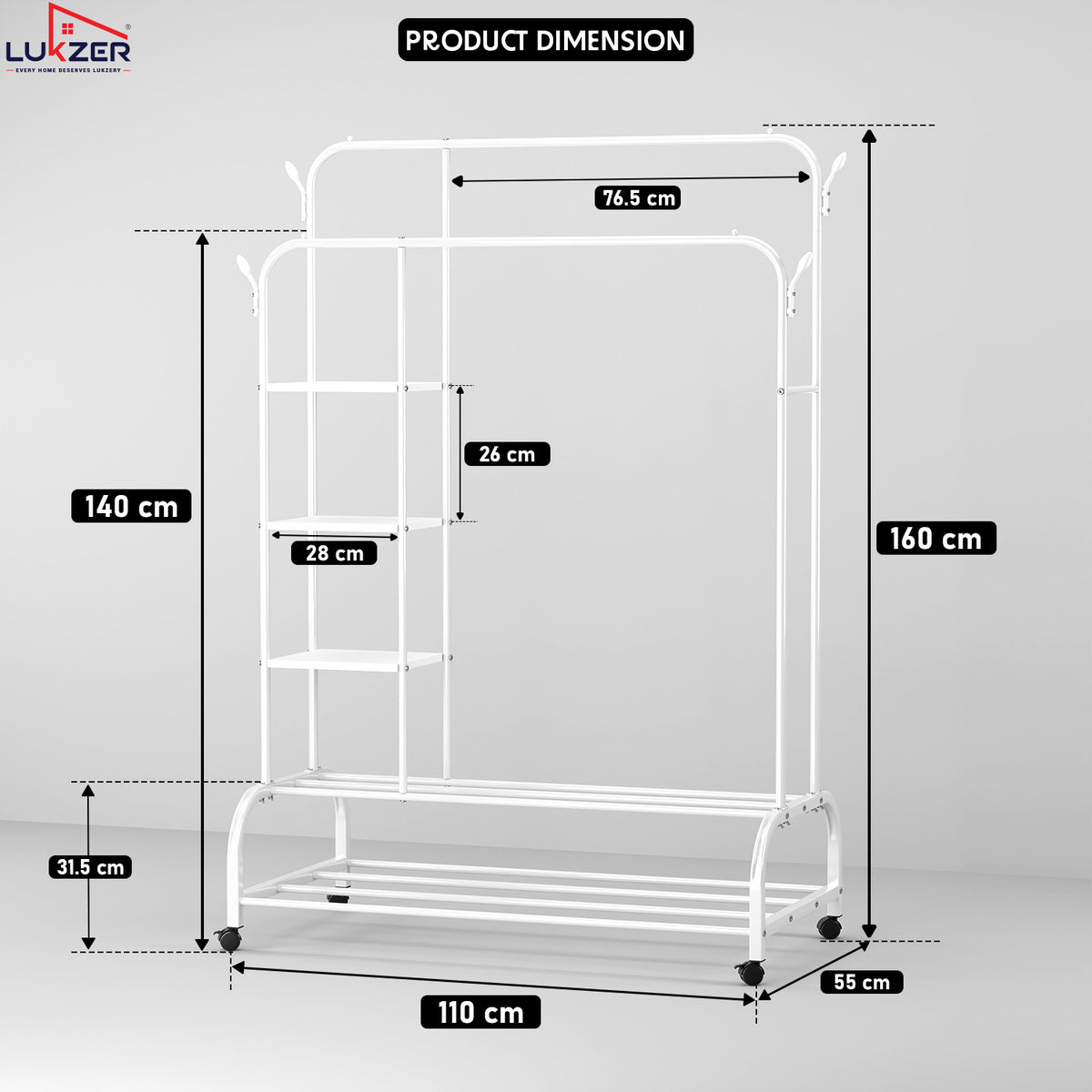 Lukzer Metal Garment Stand with 6 Shelves & Double Rods with Side Hooks & Wheels (MGS-008)