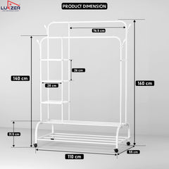 Lukzer Metal Garment Stand with 6 Shelves & Double Rods with Side Hooks & Wheels (MGS-008)