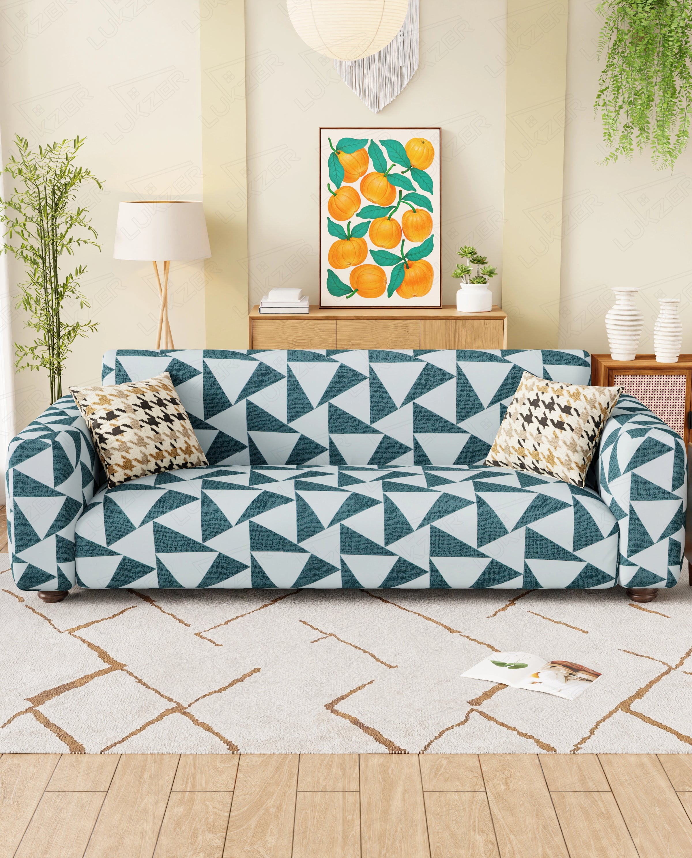 Lukzer Polyester Sofa Cover - Grey & White Triangle (SC-037-01)