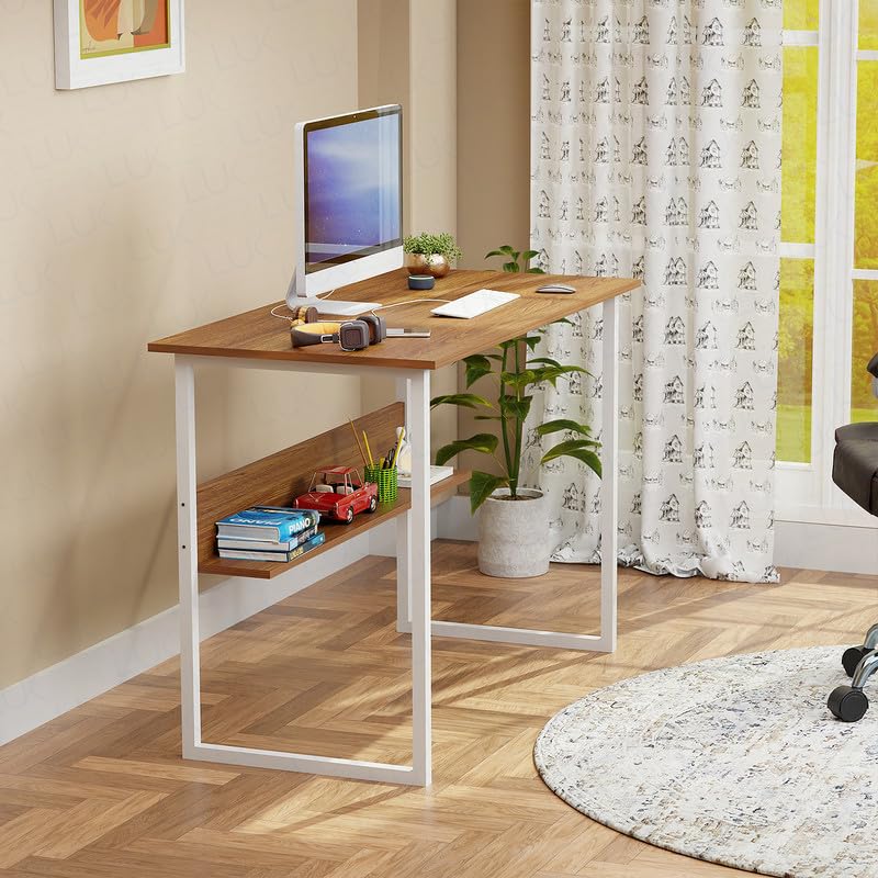 Lukzer Engineered Wood Office & Study Table with Open Bookshelf & Organiser (MST-005/Oak Brown)