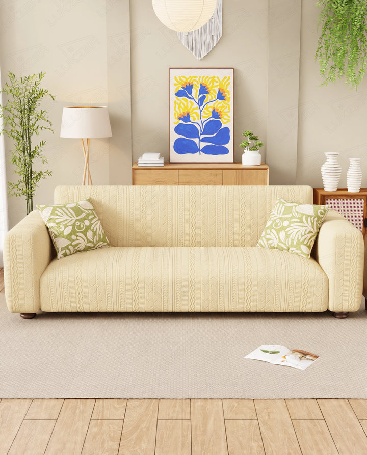 Lukzer Pastel Shades Textured Sofa Cover - Yellow Zigzag (SC-080-01)