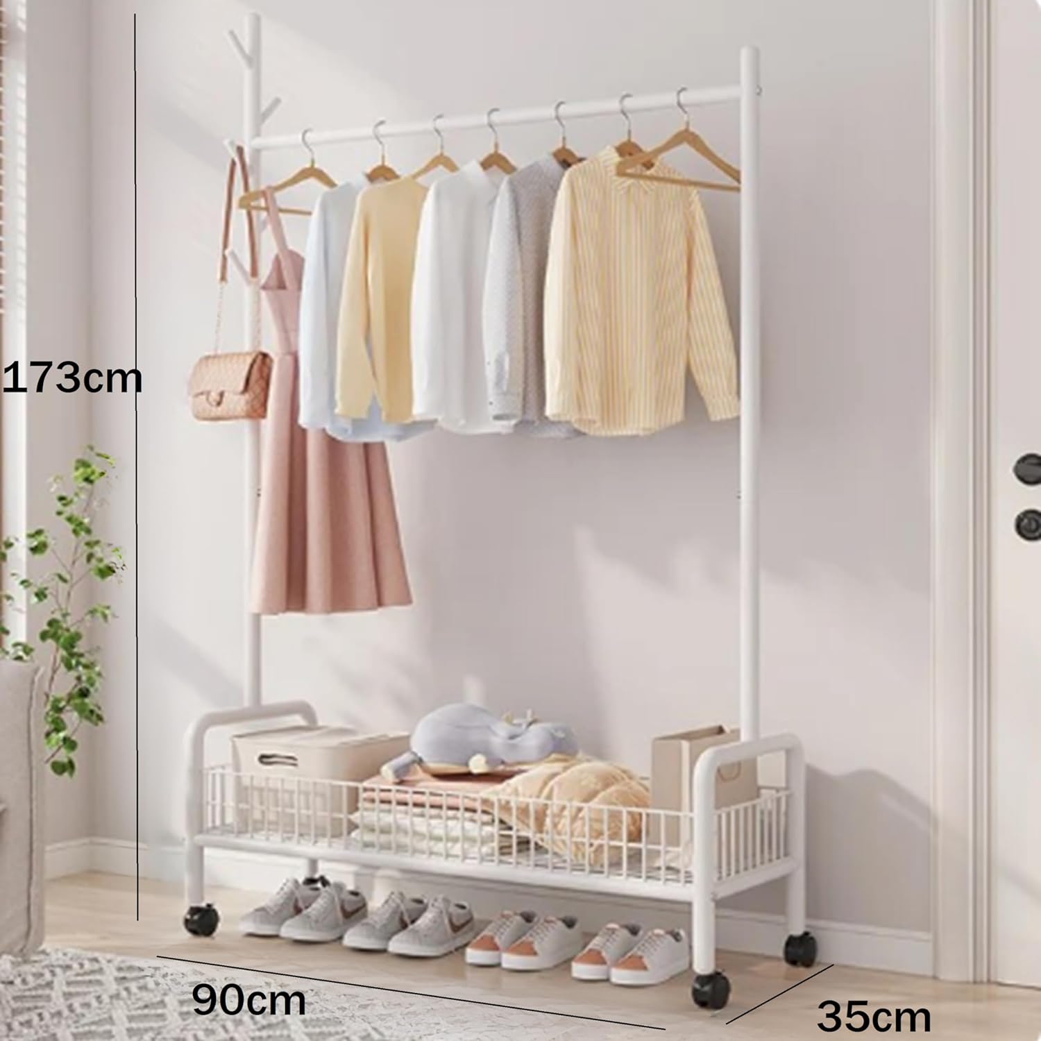 Lukzer Heavy-Duty Portable Metal Clothes Rack with Single Rod & Bottom Shelf (MGR-001/White)