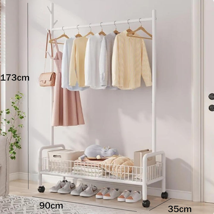 Lukzer Heavy-Duty Portable Metal Clothes Rack with Single Rod & Bottom Shelf (MGR-001/White)