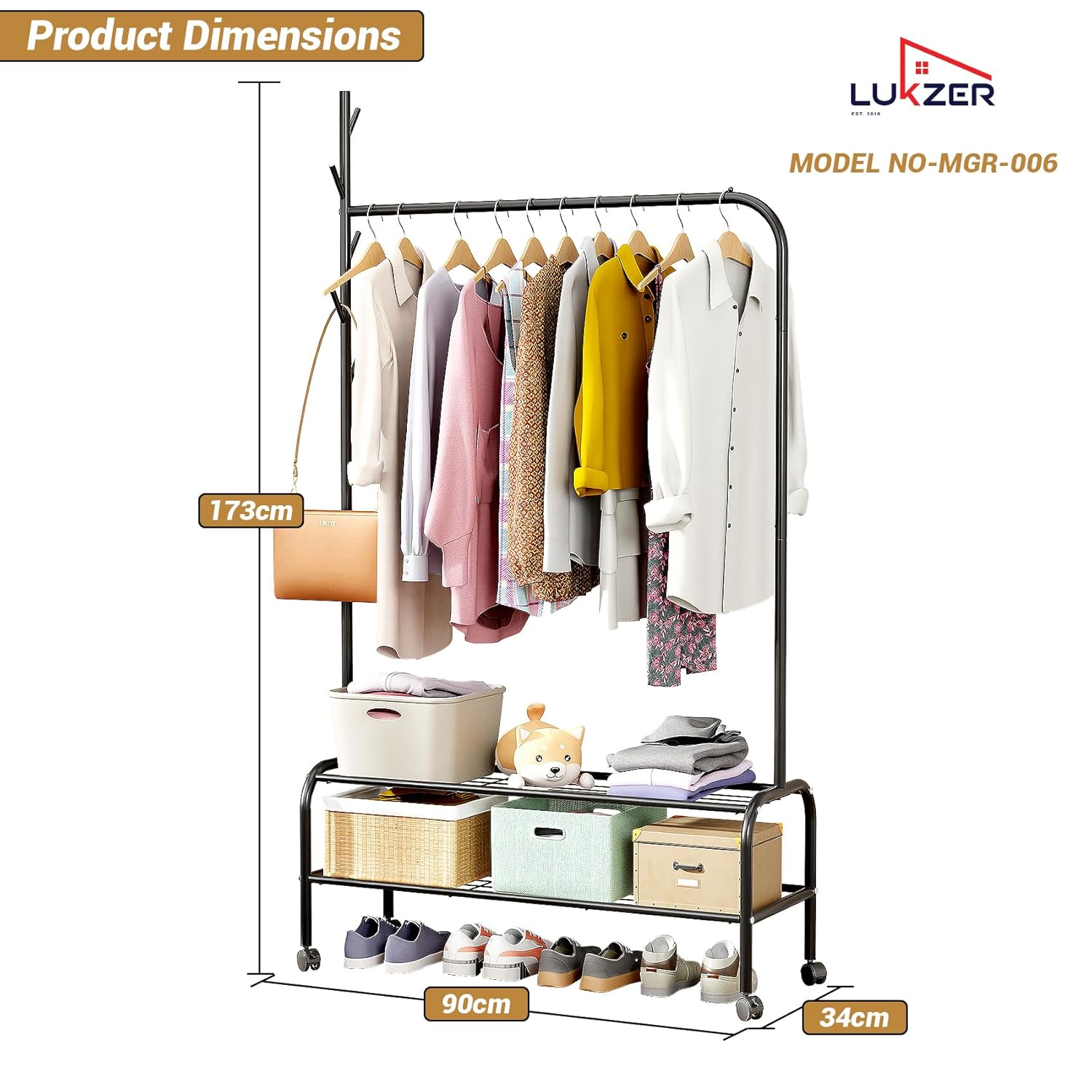 Lukzer Metal Garment Rack with Wheels & Double Bottom Storage Shelves (MGR-006/Black)